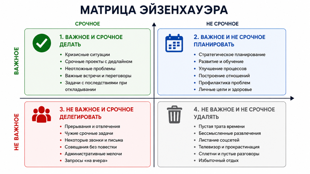 Матрица Эйзенхауэра для приоритизации задач по важности и срочности