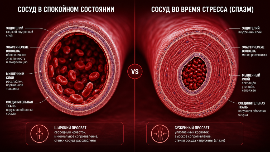 Сравнительная схема кровеносного сосуда: широкий просвет в норме и резкое сужение просвета во время стрессового спазма, ведущее к повышению артериального давления