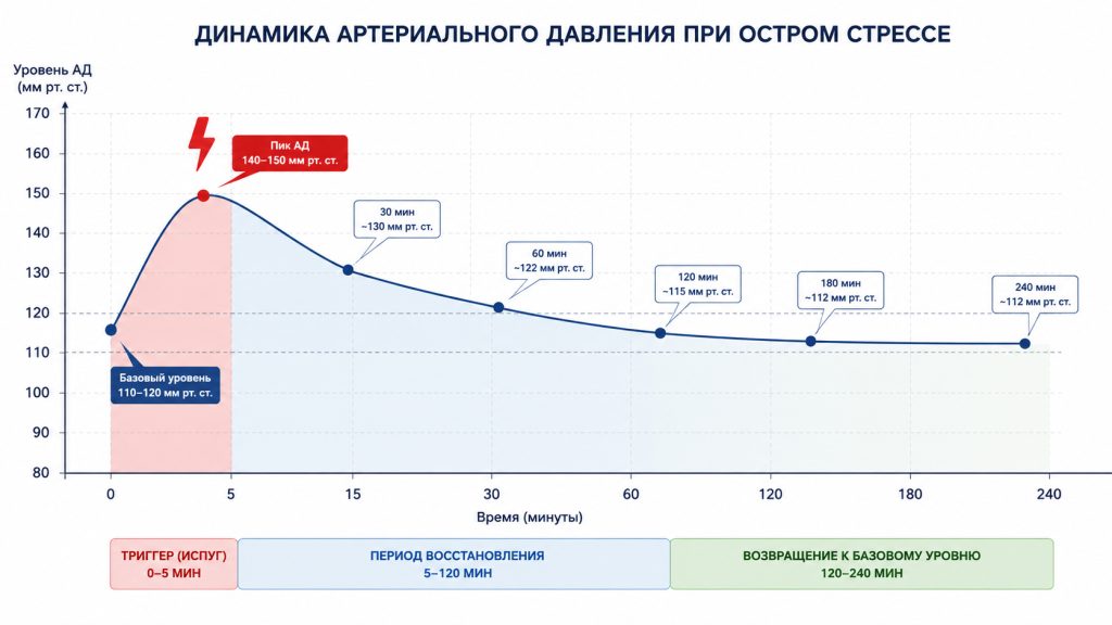График изменения артериального давления при остром стрессе, показывающий резкий скачок в первые минуты и плавное возвращение к норме в течение двух-четырех часов